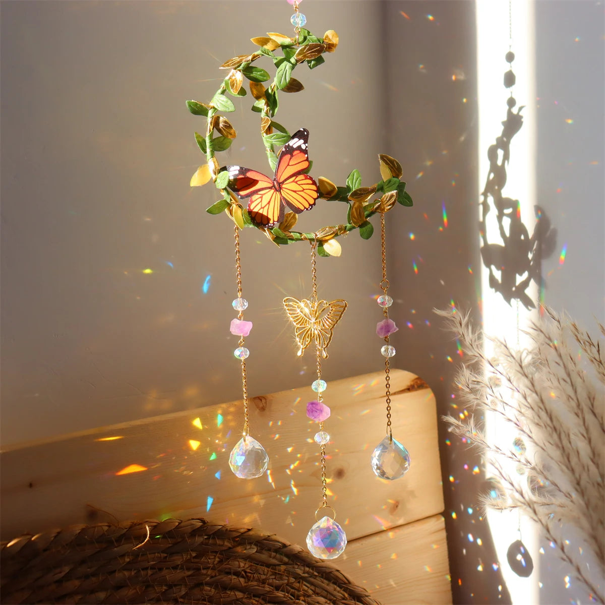 New Style Star Moon Crystal Wind Chime Butterfly Hanging Rainbow Chaser Diamond Prisms Pendant Dream Catcher Home Garden Decor